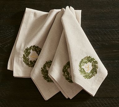 Rustic Wreath Embroidered Cotton/Linen Napkins - Set of 4 | Pottery Barn