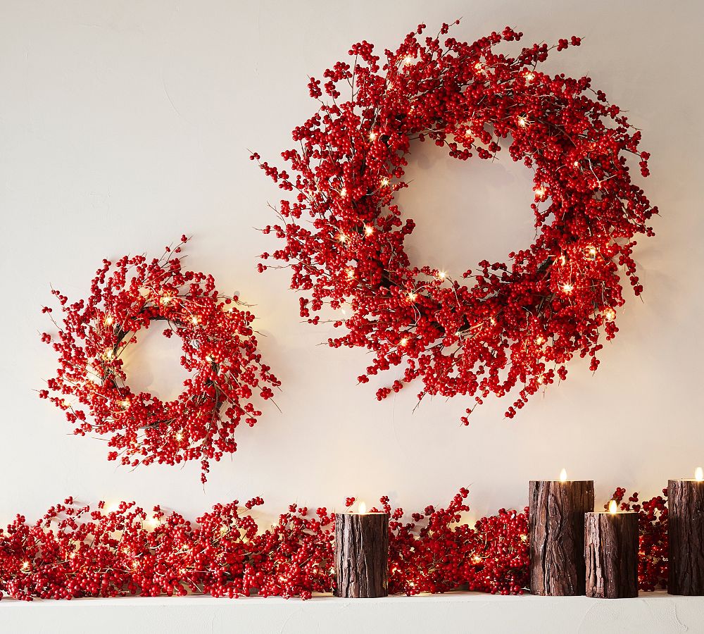 Lit Faux Red Berry Wreath &amp; Garland