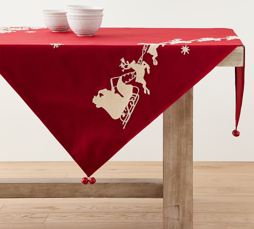 Open Box: Sleigh Bell Crewel Embroidered Cotton Table Throw