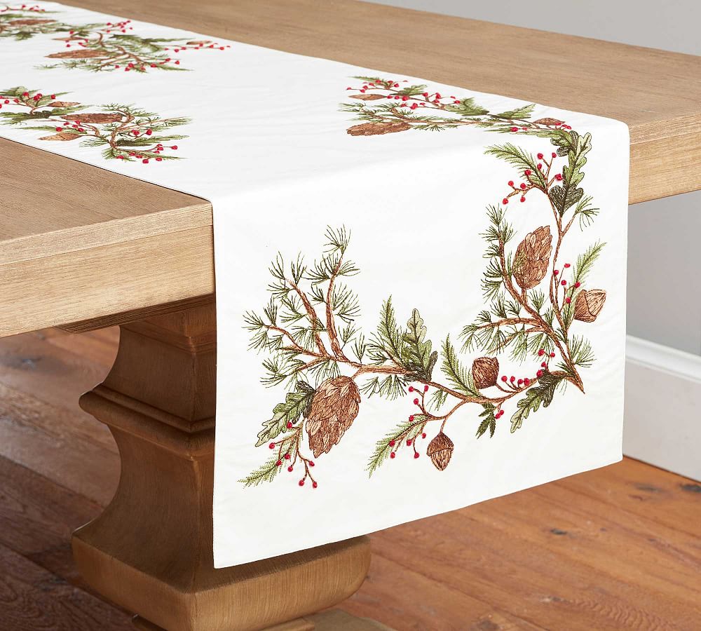 Forest Pinecone Embroidered  Cotton Table Runner