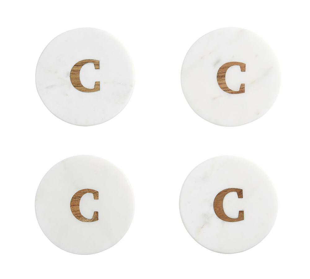 Handmade Alphabet Marble & Wood Coasters - Set of 4 - Letter C