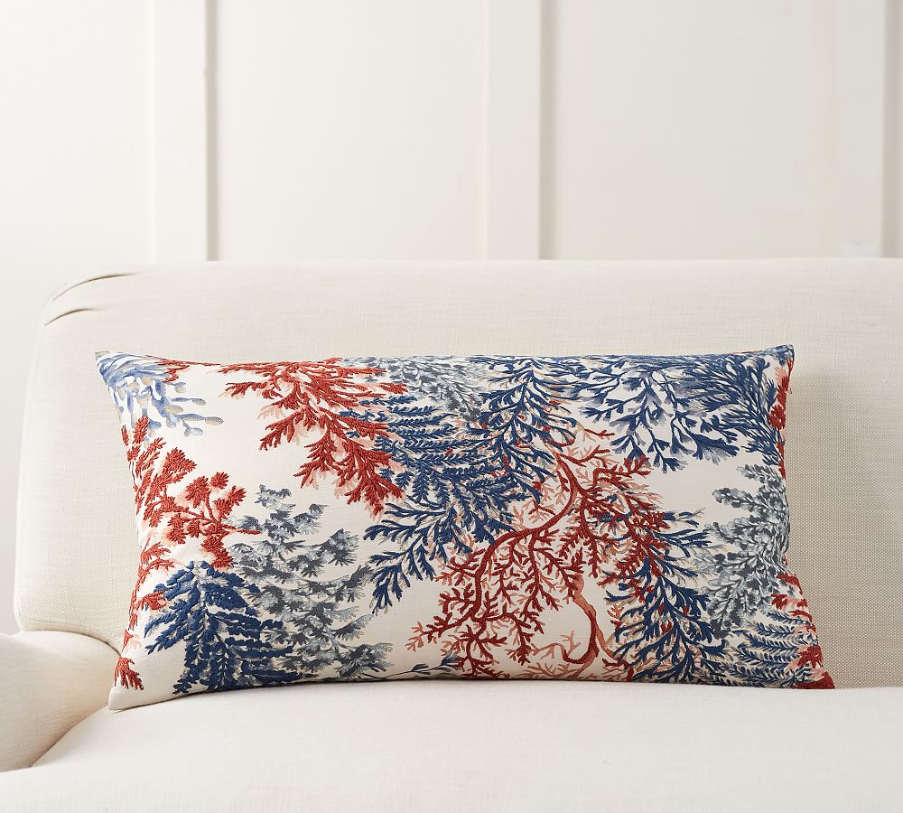 Coral Embroidered Lumbar Pillow Cover