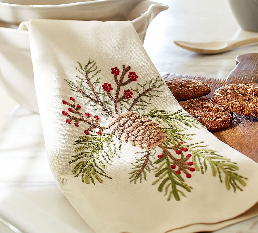 Pinecone &amp; Berry Embroidered Kitchen Towel