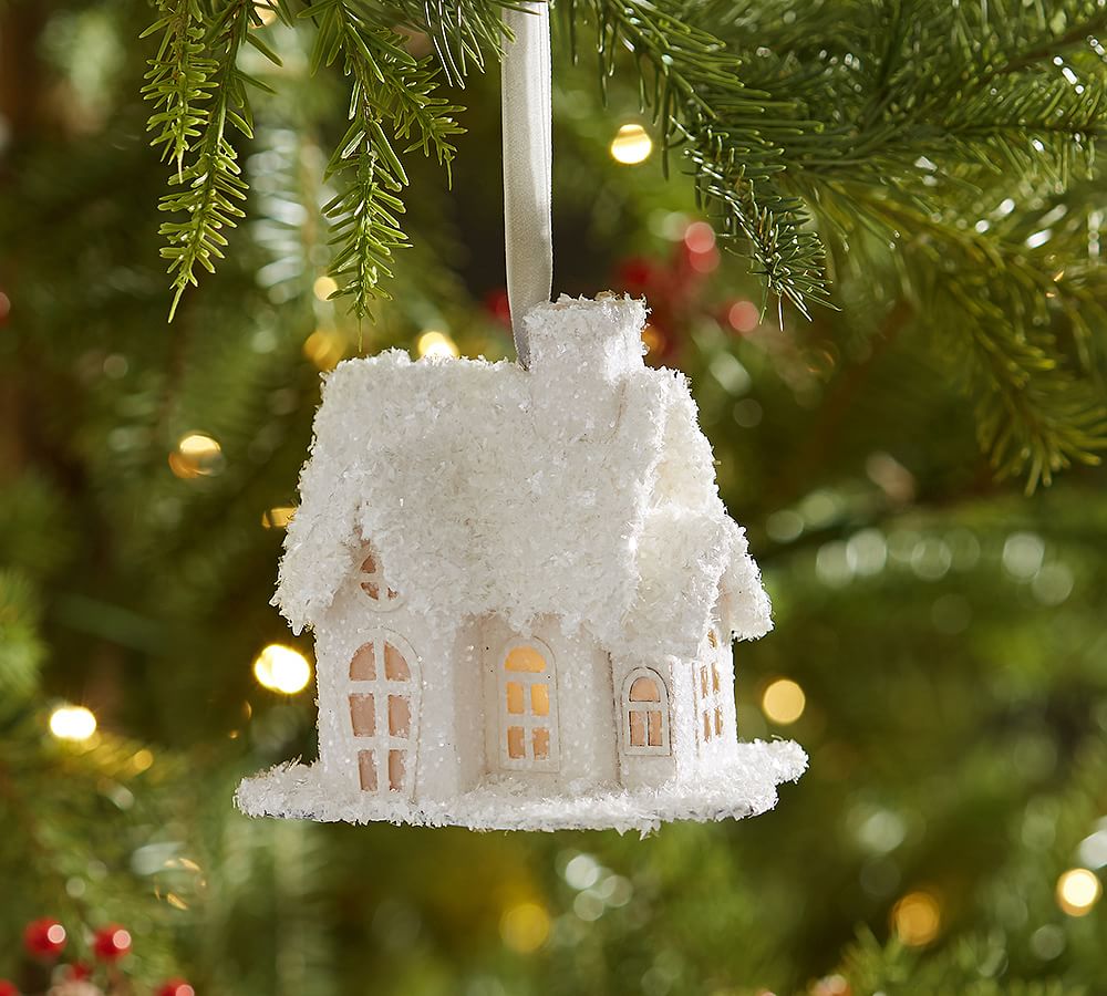 Lit Glitter House Ornament - White