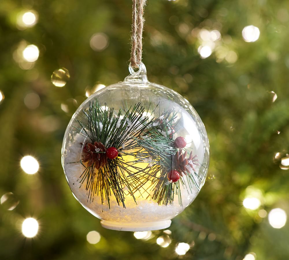 Lit Ball With Snow And Pine Ornament