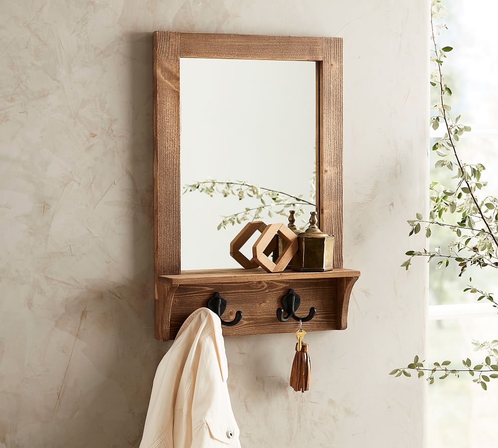 Wade Entryway Mirror with Hooks - Pine