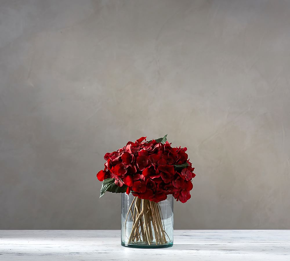Faux Red Hydrangea Arrangement in Glass Vase