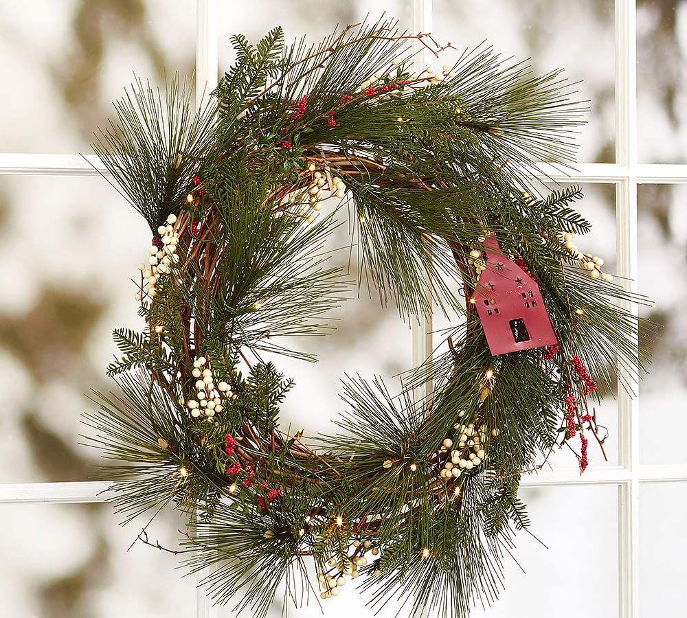 Outdoor Pine, Berry, and House Wreath &amp; Garland