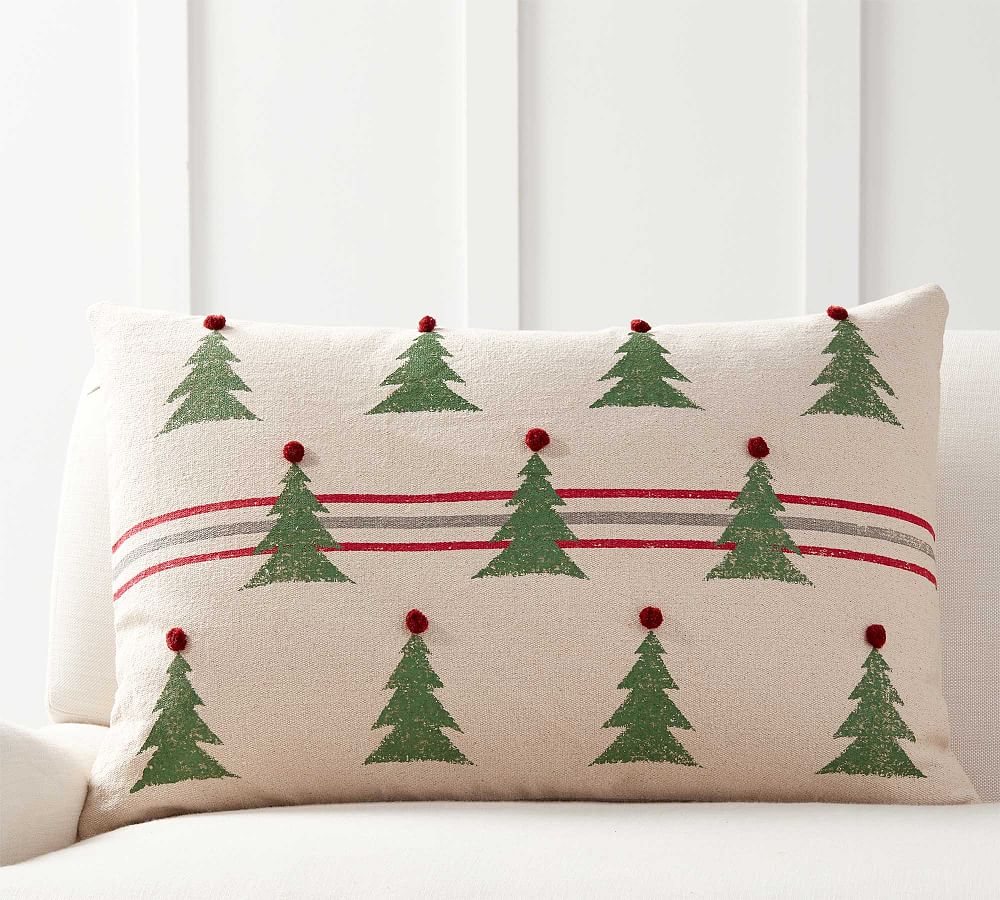 Mini Tree Striped with Pom Poms Pillow Cover