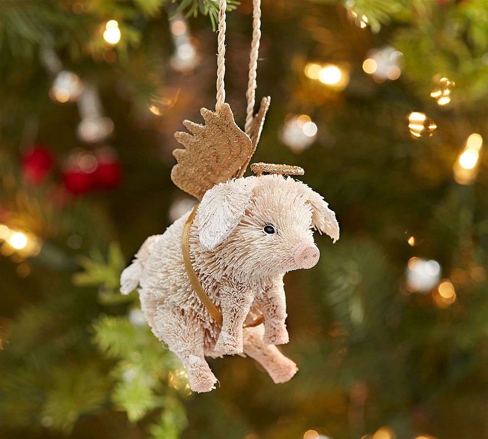 Bottlebrush Pig with Angel Wings Ornament