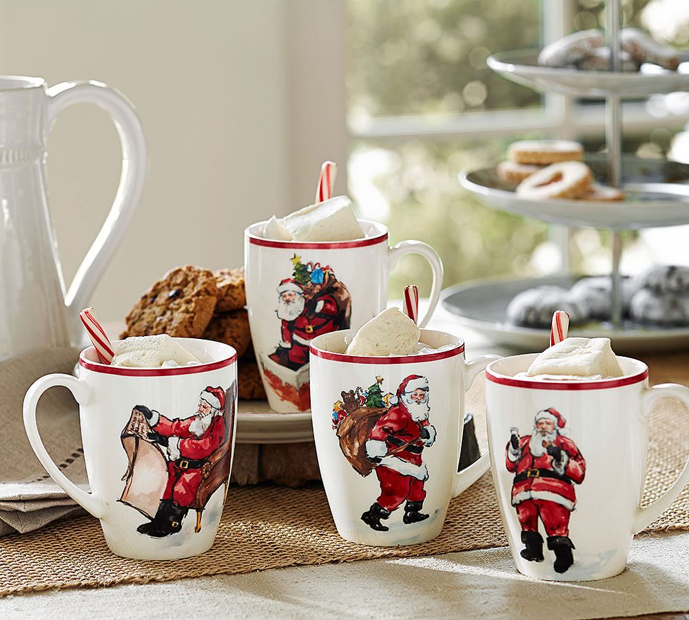 Painted Santa Claus Mugs, Mixed Set of 4