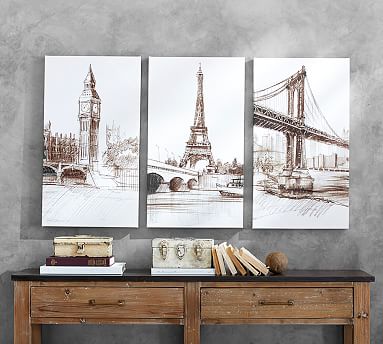 Vintage City Cotton Canvas Sketches - Set of 3 | Wall Decor | Pottery Barn