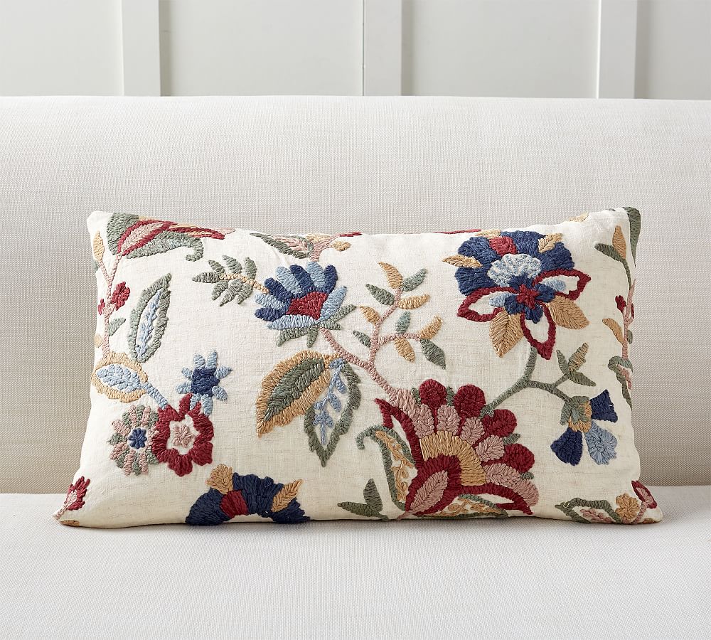 Aviva Floral Embroidered Lumbar Pillow Cover