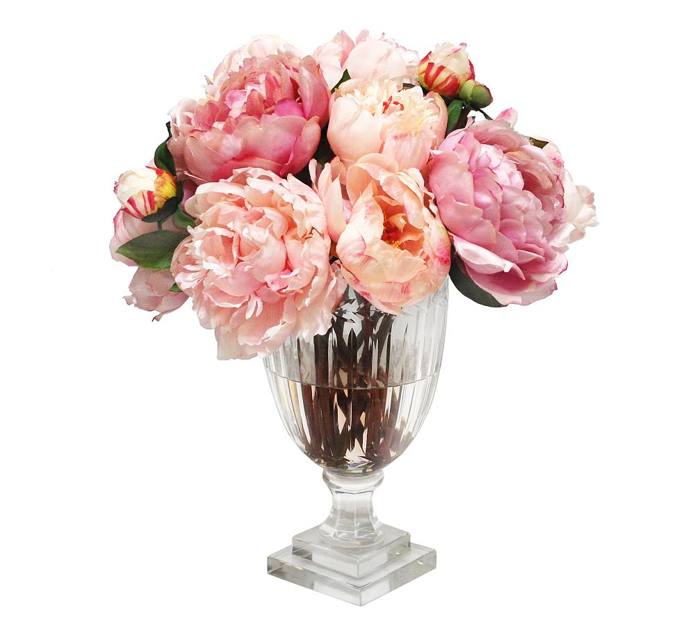 Faux Mixed Peony In Leaf Cut Glass Vase