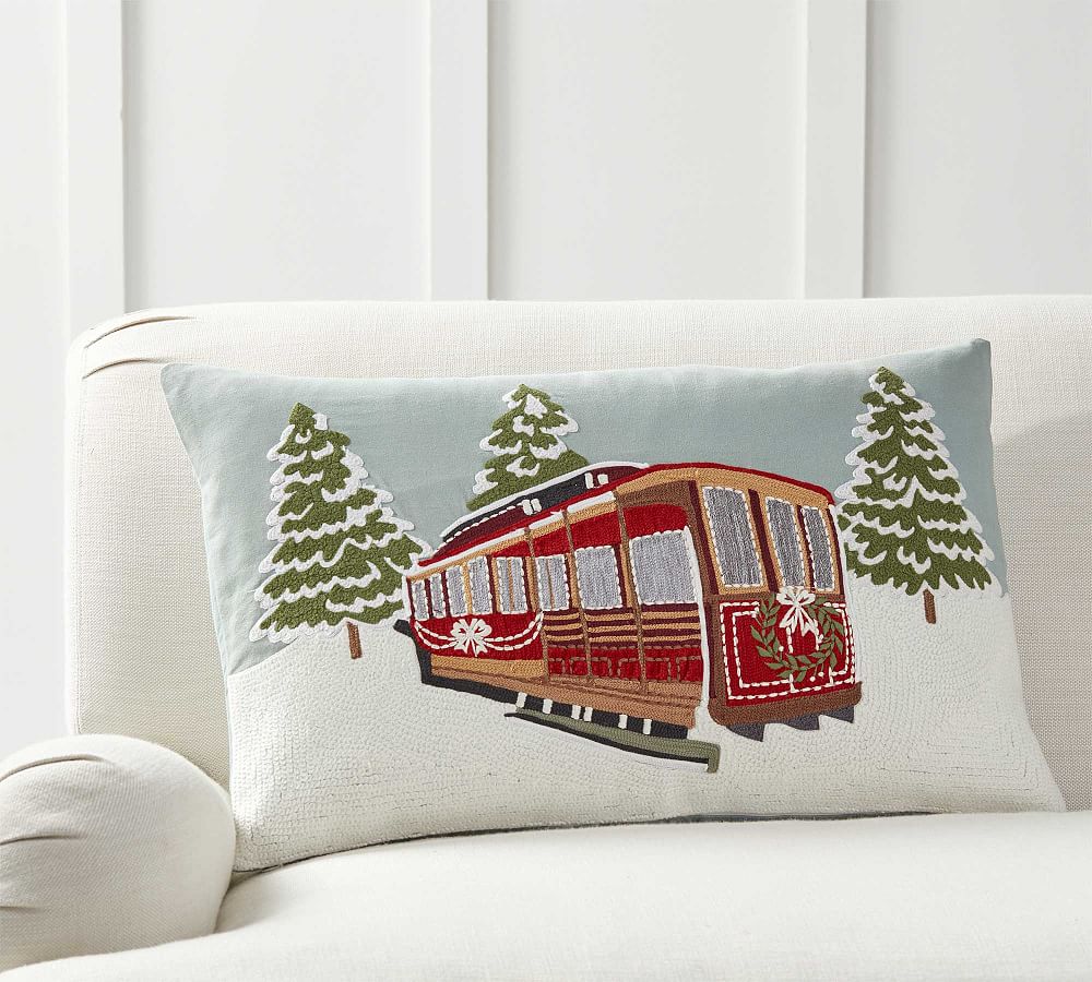 Snowfall Cable Car Embroidered Pillow Cover