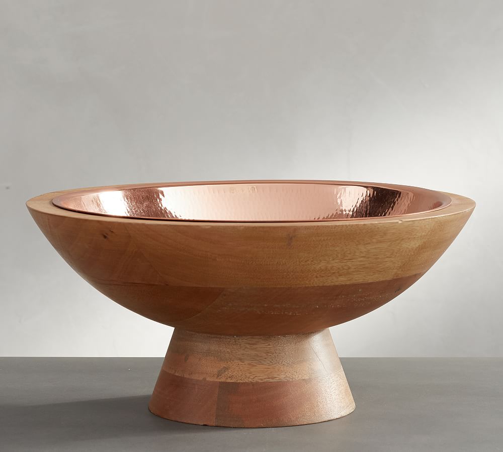 Copper and Mango Wood Footed Fruit Bowl
