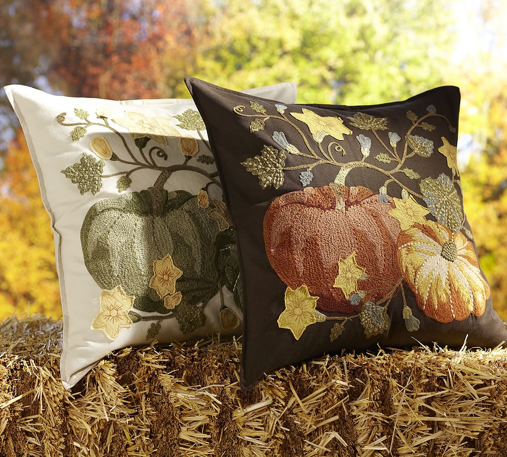 Pumpkin Patch Crewel Embroidered Pillow Cover