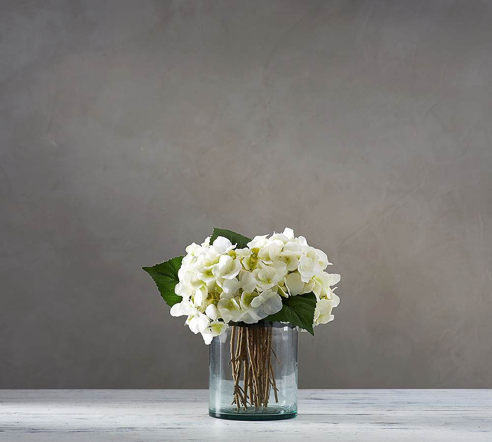 Faux White Hydrangea Arrangement in Glass Vase
