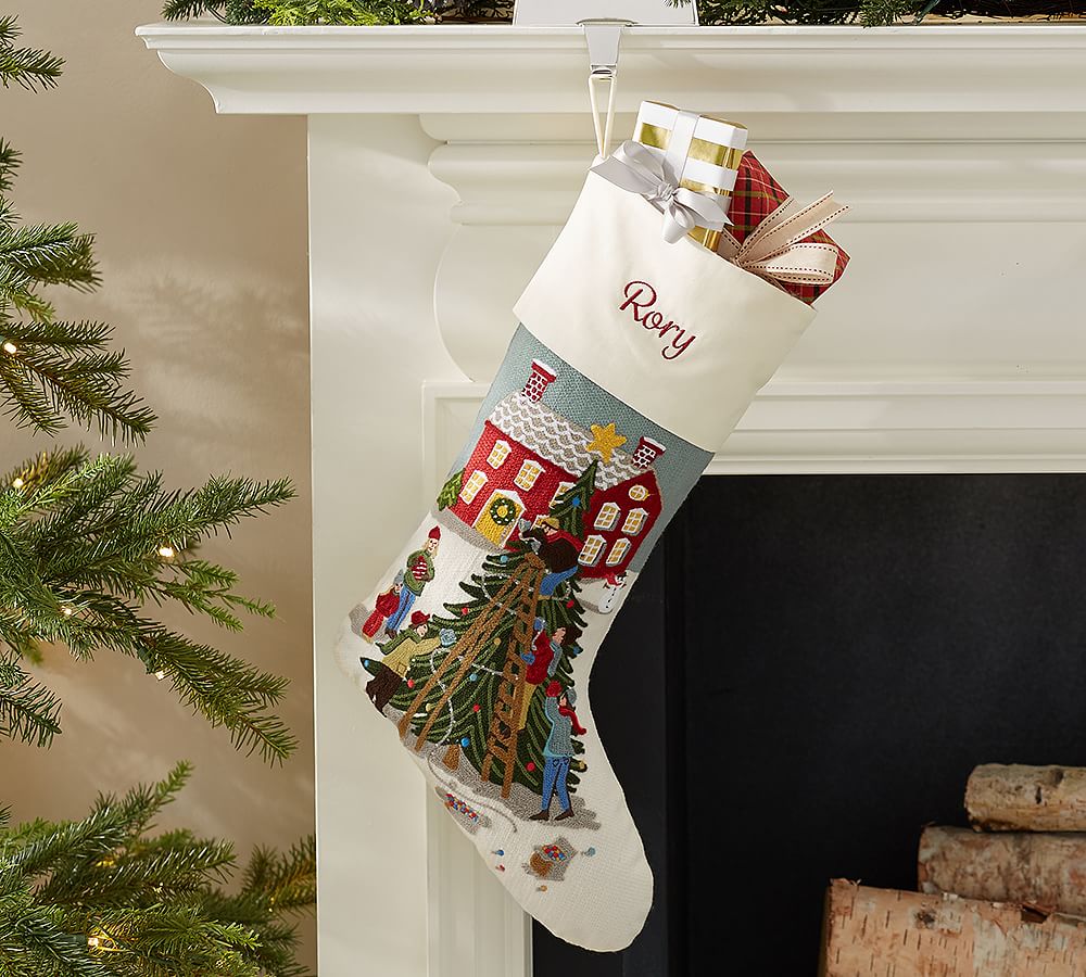 Whimsical Crewel Embroidered Stocking - Tree Trimming