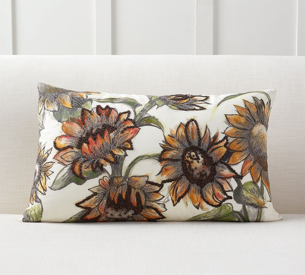 Bold Sunflower Embroidered Lumbar Pillow Cover