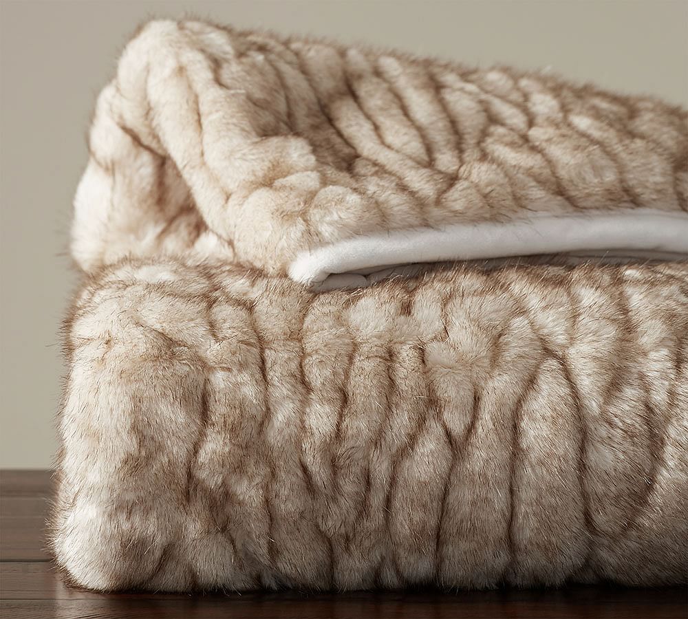 Gathered Faux Fur Throw Blanket - Ivory Tipped