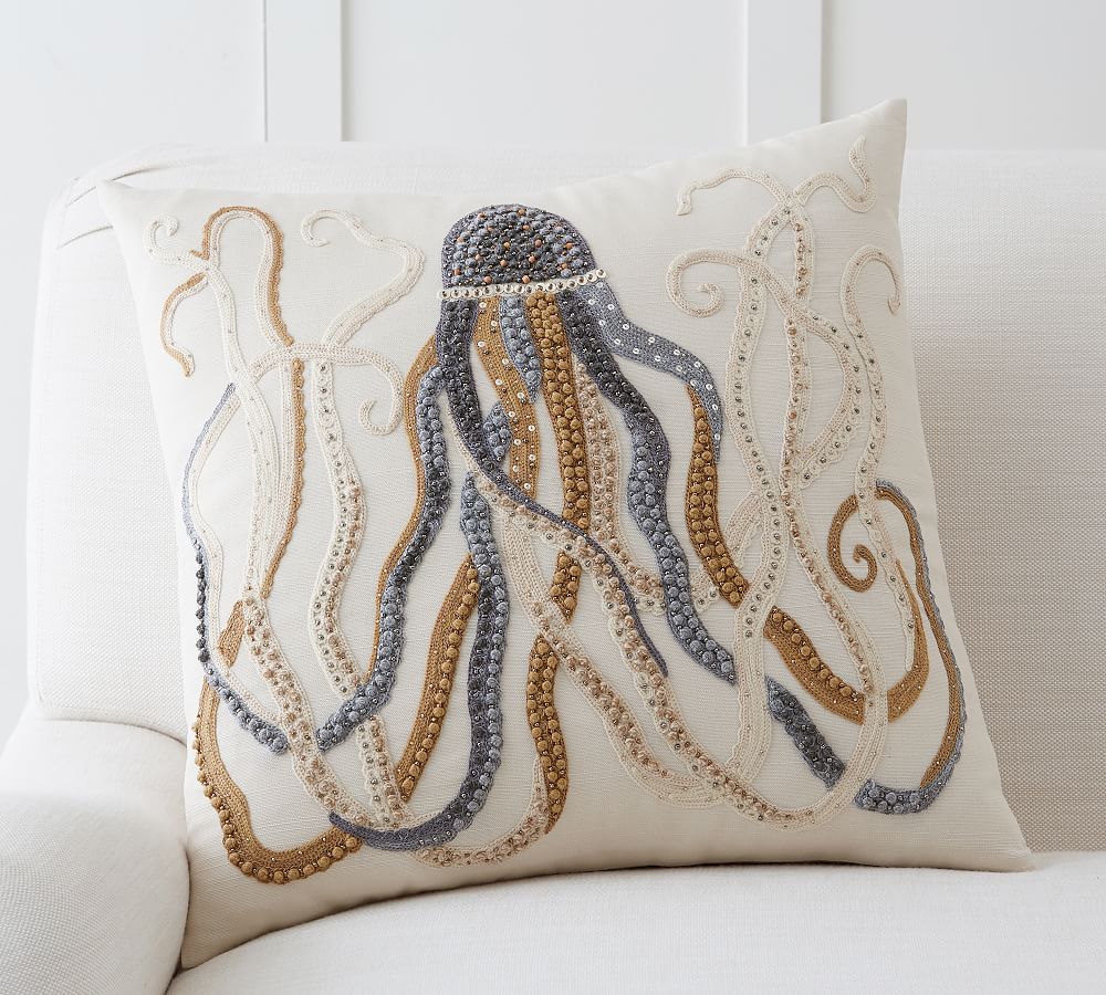 Jeweled Octopus Embroidered Pillow Cover