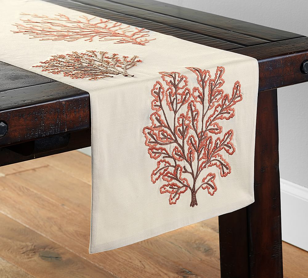 Embroidered Coral Table Runner