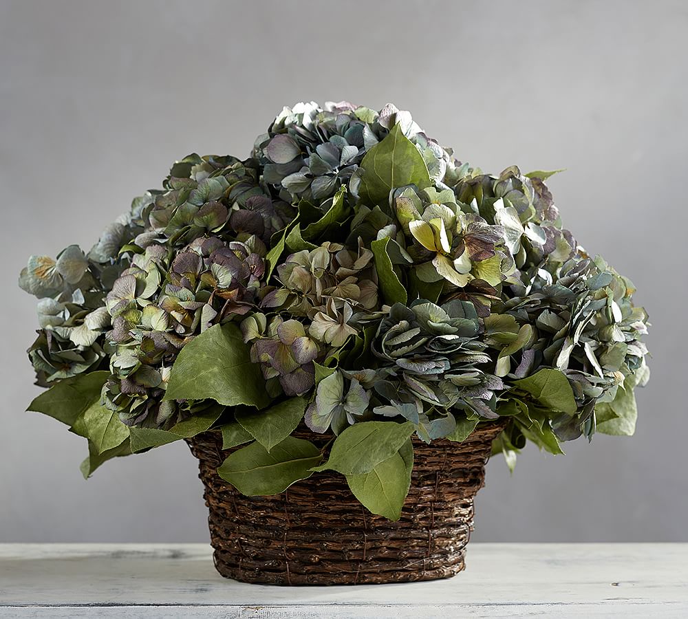 Dried Hydrangea Arrangement in Twig Basket