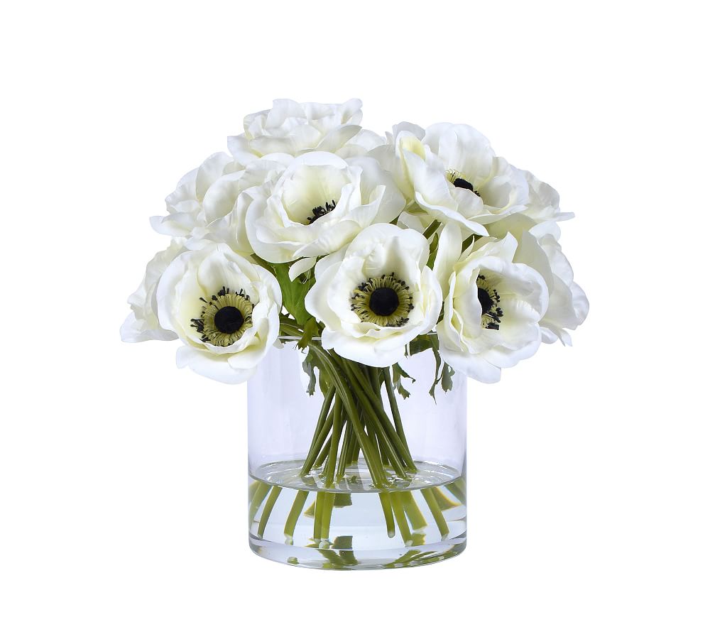 Faux White Poppies In Glass Vase