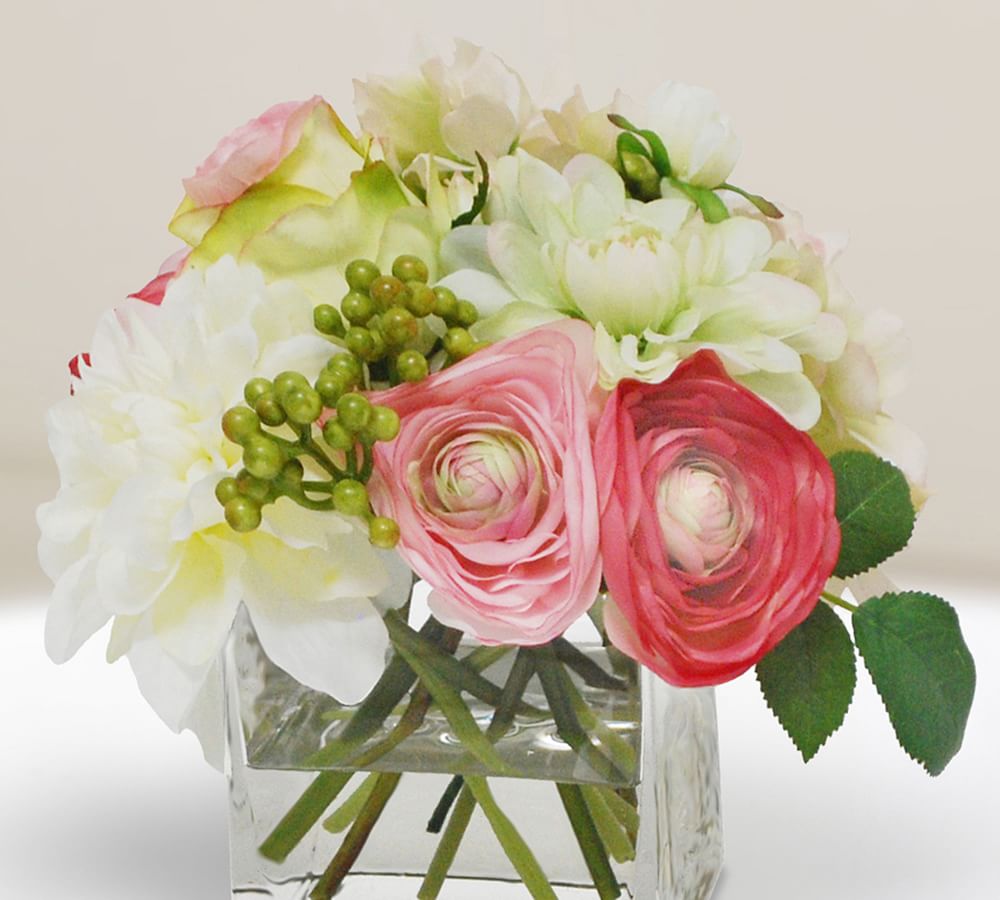 Faux Rose and Hydrangea in Square Vase