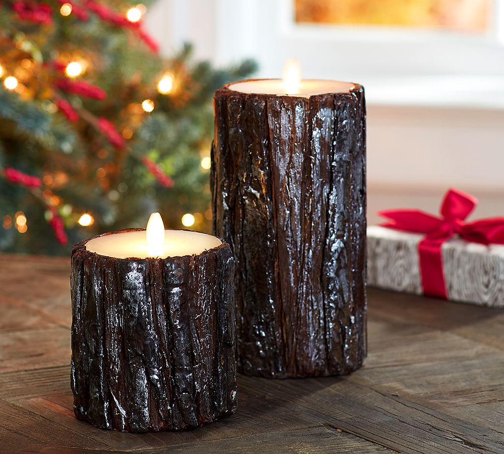 Premium Flicker Flameless Shimmering Bark Pillar Candle