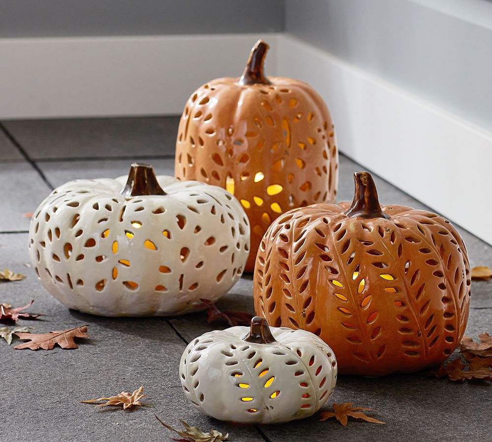 Punched Ceramic Pumpkin Candleholders