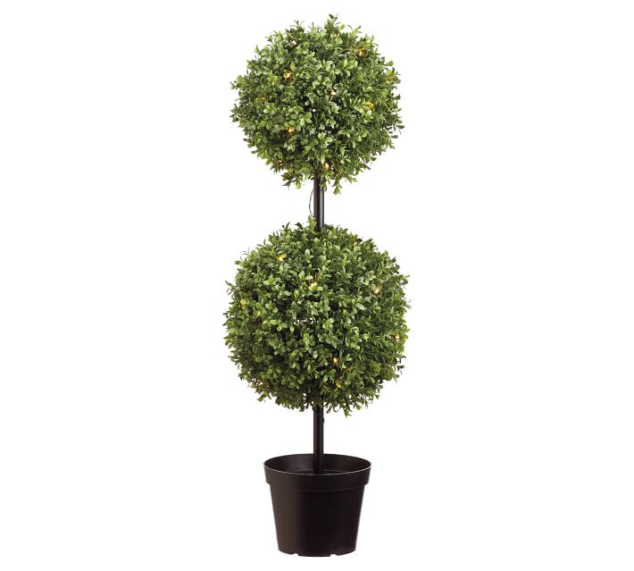 Faux Boxwood Double Ball Topiary Tree with LED Lights | Pottery Barn