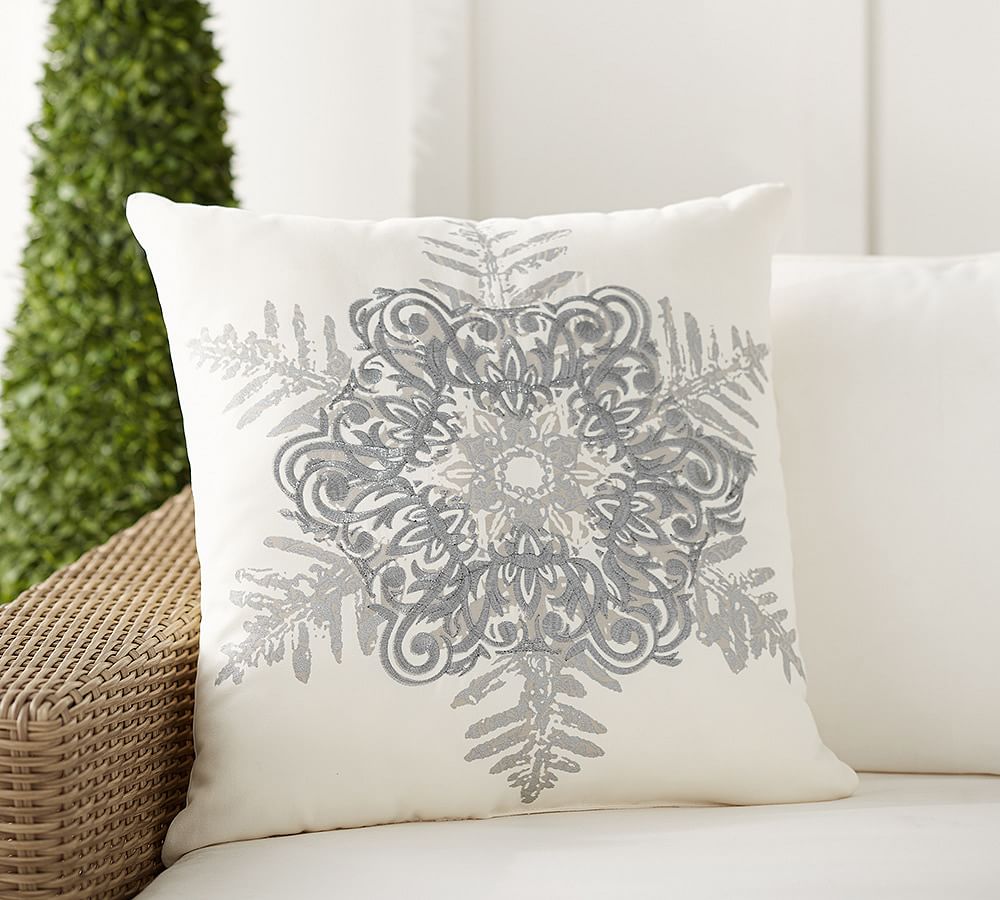 Metallic Embroidered Snowflake Outdoor Pillow