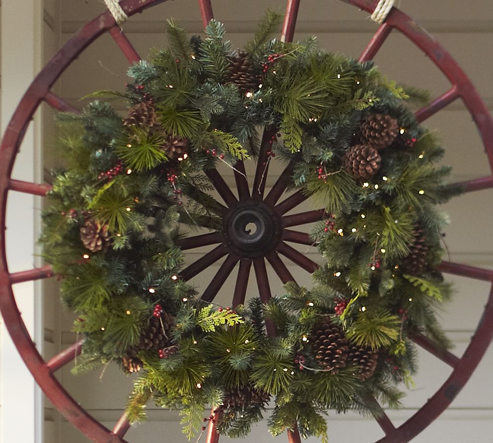 Lit Faux Pine &amp; Red Berry Wreaths