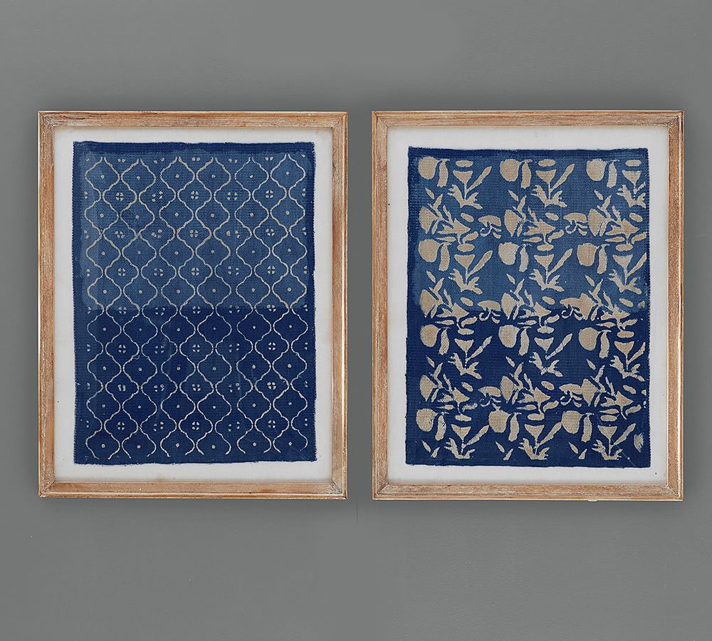 Framed Hand-Painted Blue Textile Wall Art