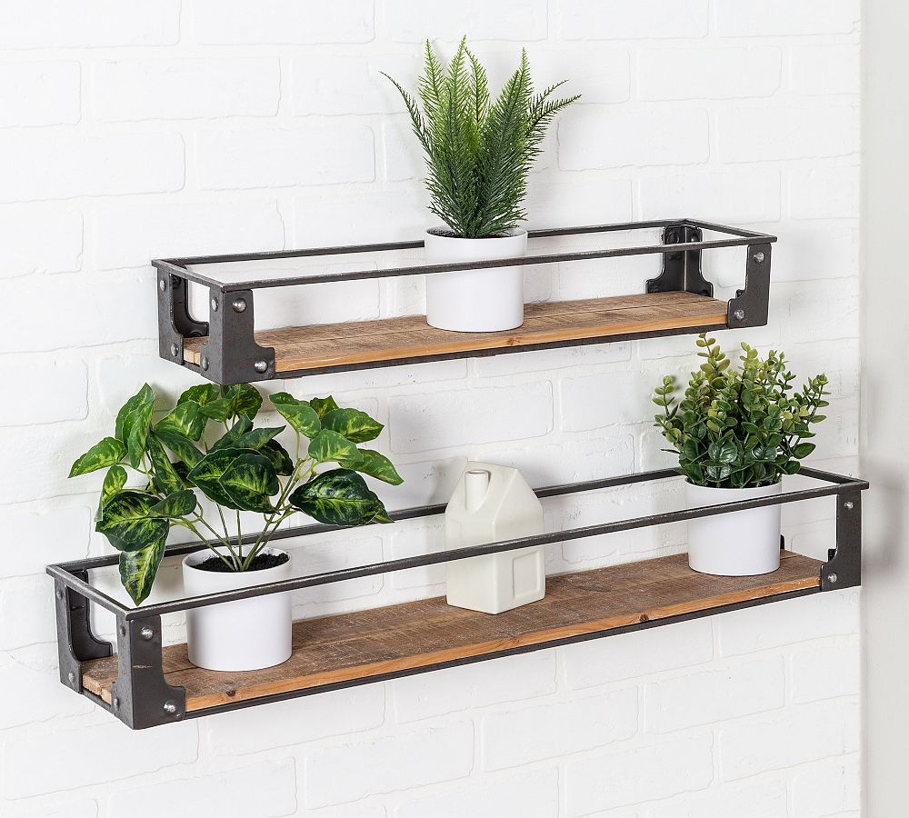 Wooden Floating Shelves with Metal Frames - Set of 2