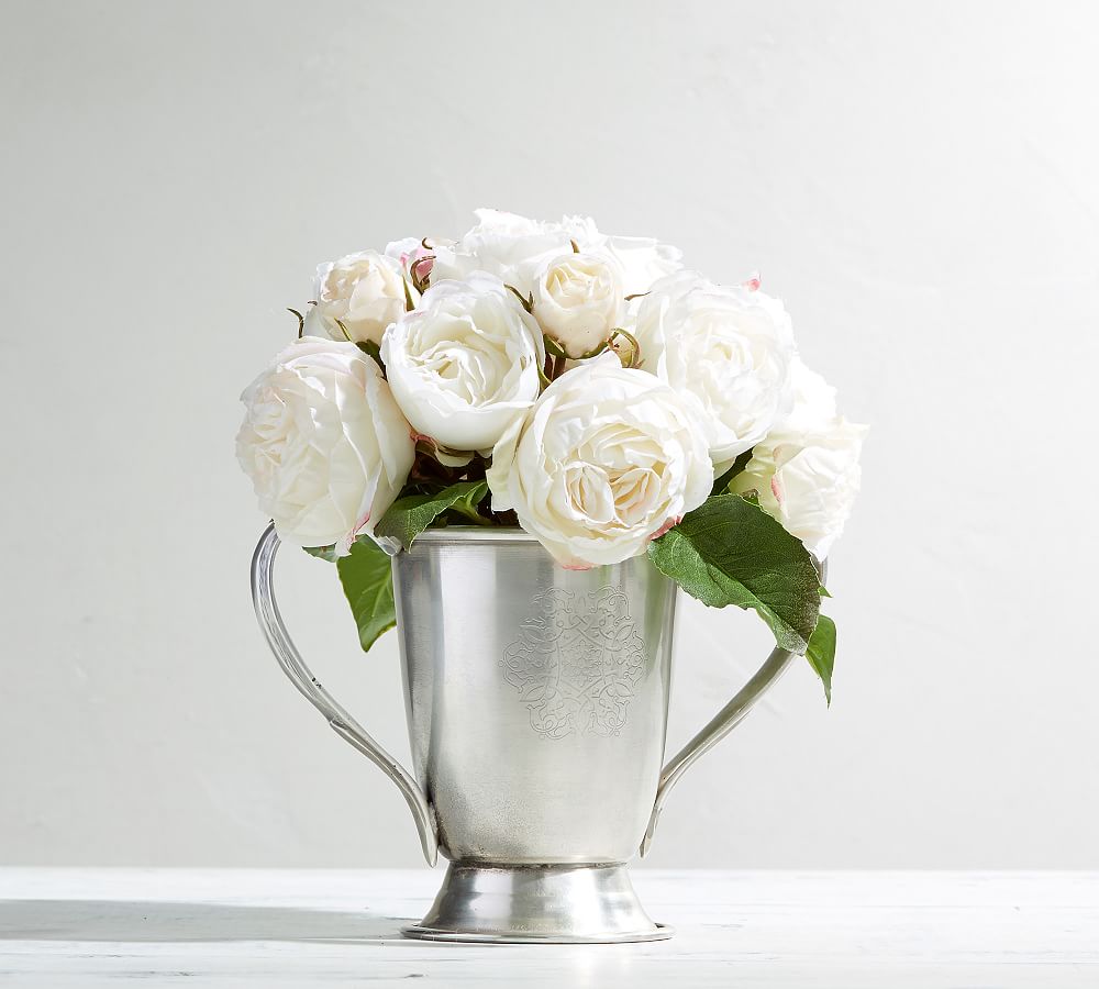 Faux Composed Roses in Silver Vase