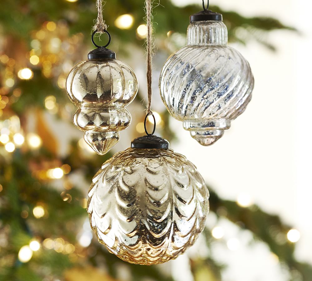 Eclectic Mercury Glass Ornaments - Champagne &amp; Silver, Set of 3