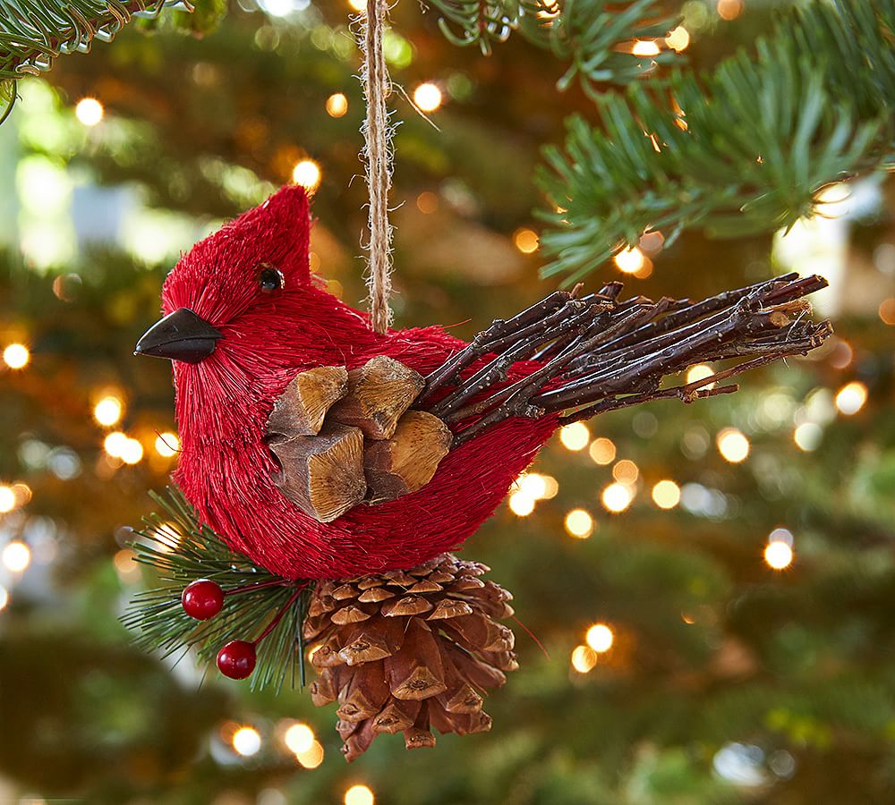 Bottle Brush Red Cardinal on Pinecone Ornament