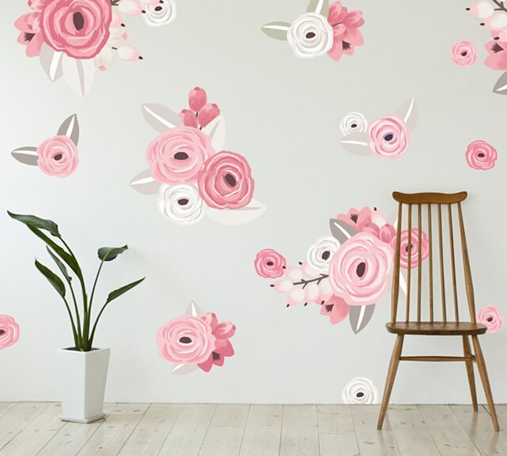 Pink &amp; White Graphic Flowers Removable Wall Decal