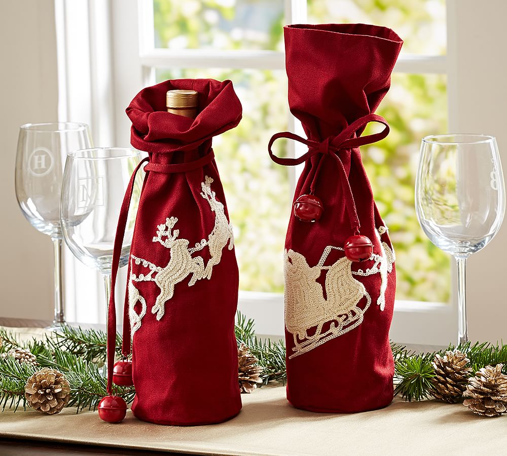 Sleigh Bell Crewel Embroidered Wine Bag