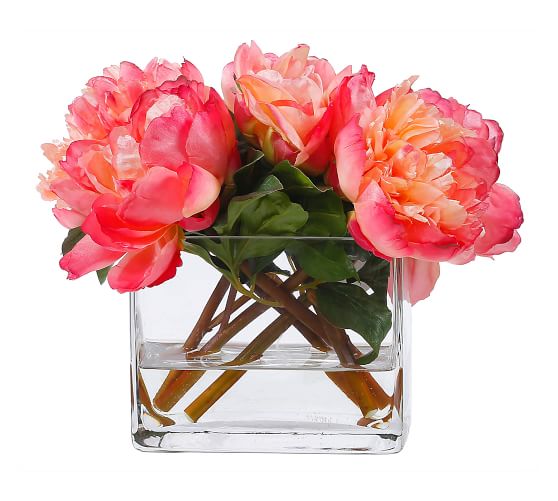 Faux Peonies Arrangement in Square Vase Artificial Flowers Pottery Barn