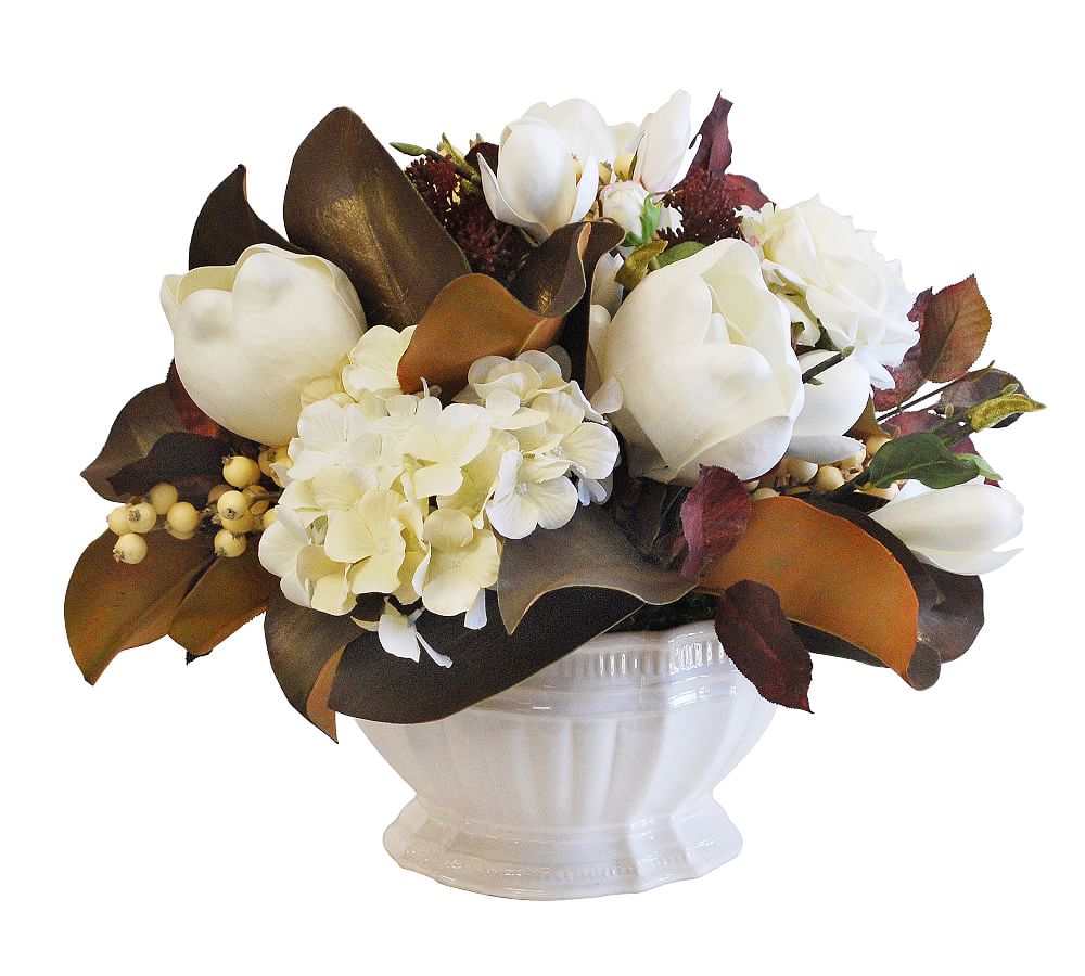Faux Magnolia &amp; Hydrangea Arrangement in White Bowl