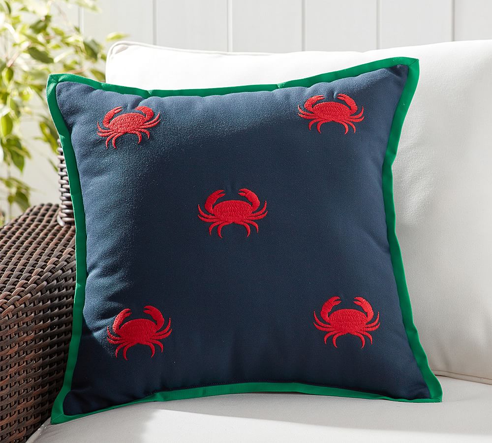 Crab Embroidered Outdoor Pillow