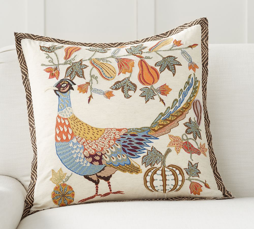 Pheasant Embroidered Pillow Cover