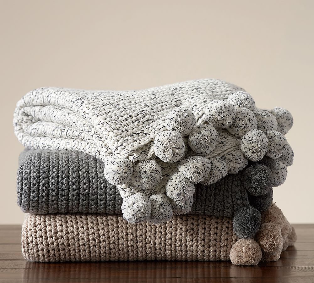 Pom Pom Crochet Knit Throw Blanket