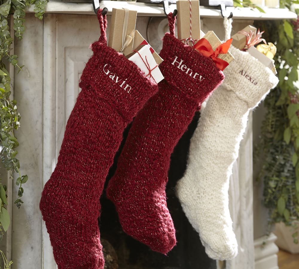 Chunky Metallic Knit Christmas Stocking, Ivory