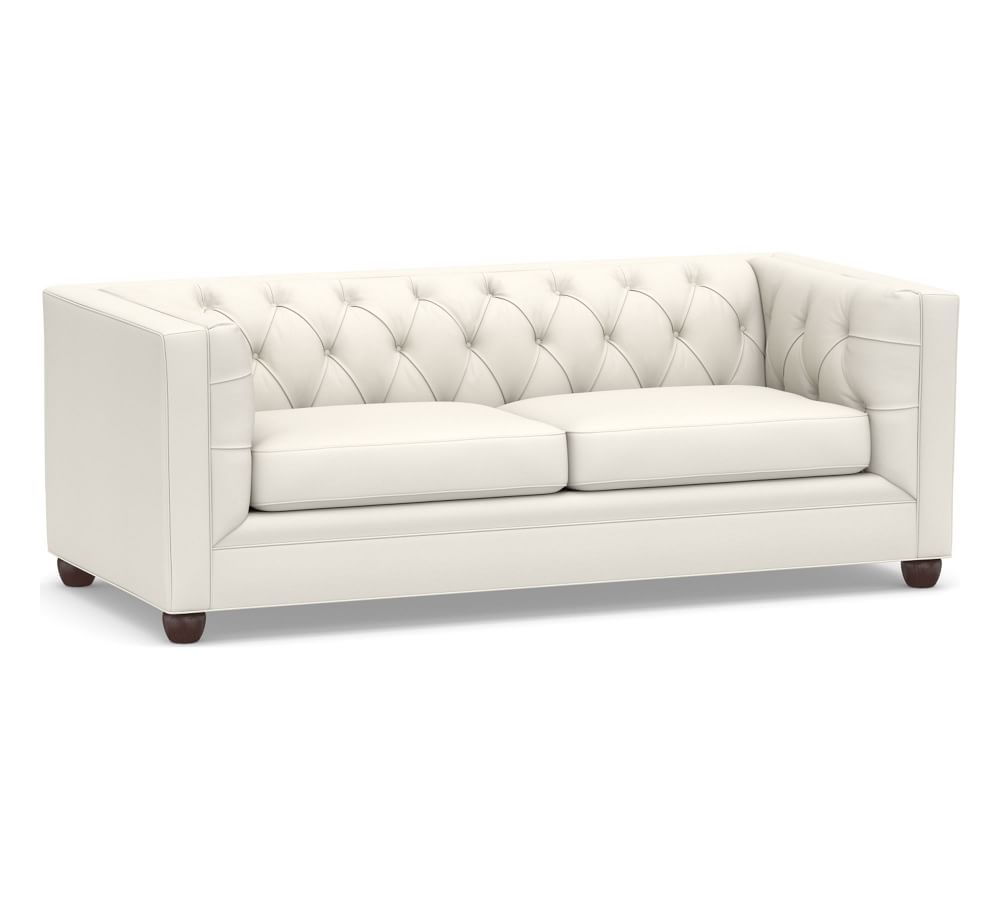 Chesterfield Square Arm Upholstered Sofa 83.5", Polyester Wrapped Cushions, Performance Twill Warm White
