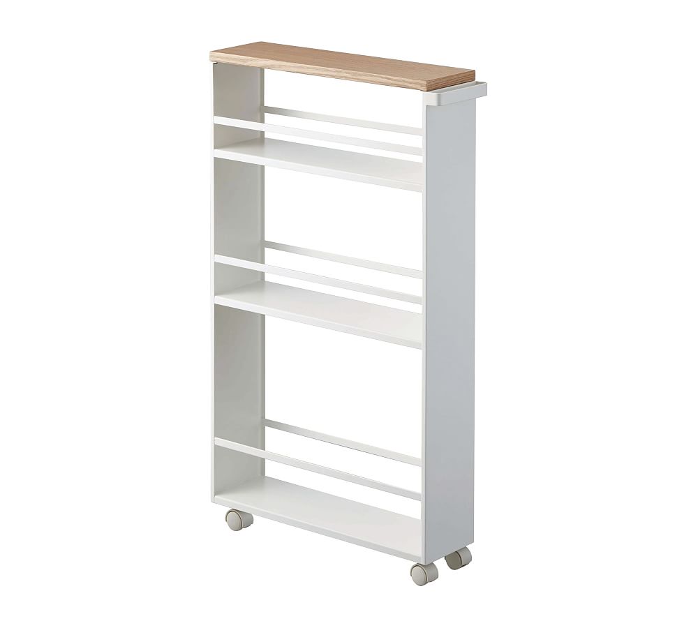 Slimline Tower White Steel Three-Tier Rolling Storage Cart with Wooden Accent